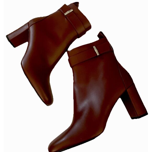 New Longchamp Burgundy/Brown Leather Ankle Boot Bootie with Heel Size41 US 10 - Picture 5 of 6
